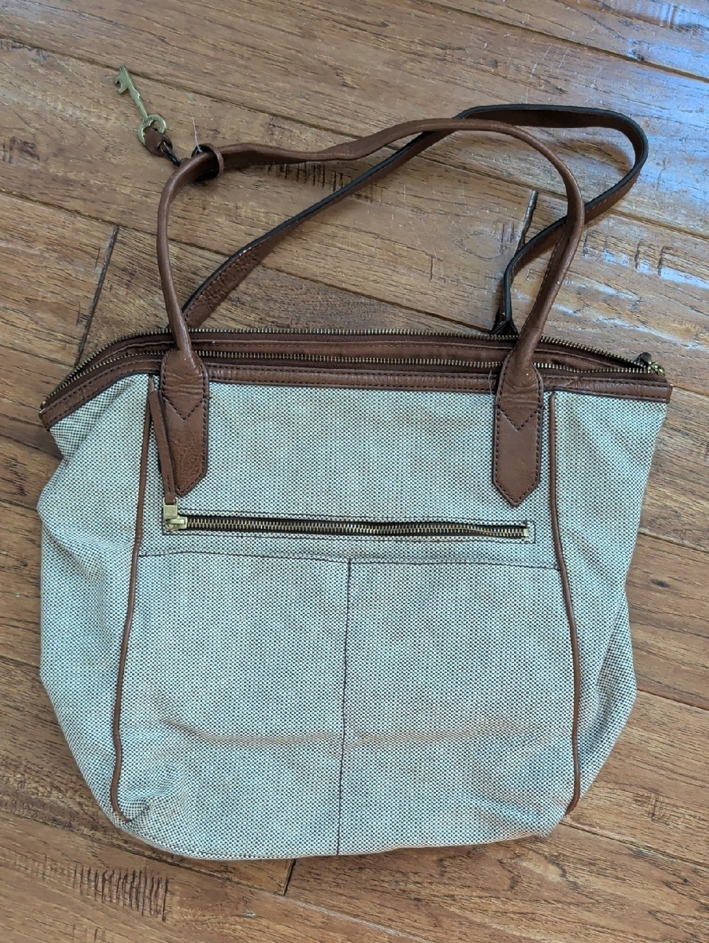 Fossil Canvas Tote Bag with Brown Leather Trim - Neutral